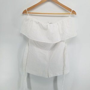Bar111 white eyelet off the shoulder pockets belted one piece shorts 2